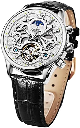 OLEVS Men Skeleton Watch Automatic Mechanical Dress Casual Brown Black Leather Moon Phase Luminous Waterproof Wrist Watches|B09M89HHBT