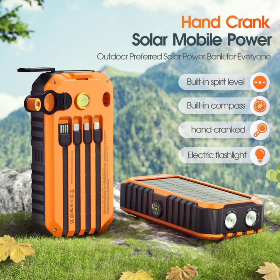Solar Charger Power Bank 20000mAh Built in 4 Cables and Hand Crank