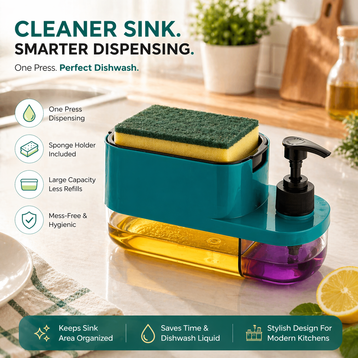 3-in-1 Dish Soap Pump Dispenser with Sponge Holder