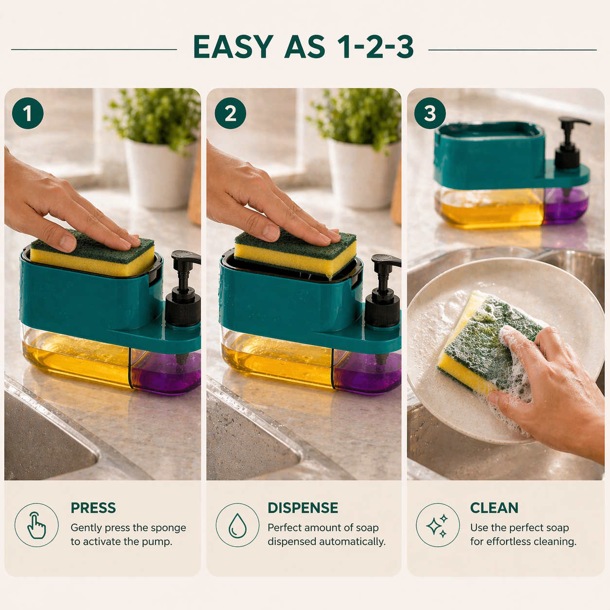 3-in-1 Dish Soap Pump Dispenser with Sponge Holder