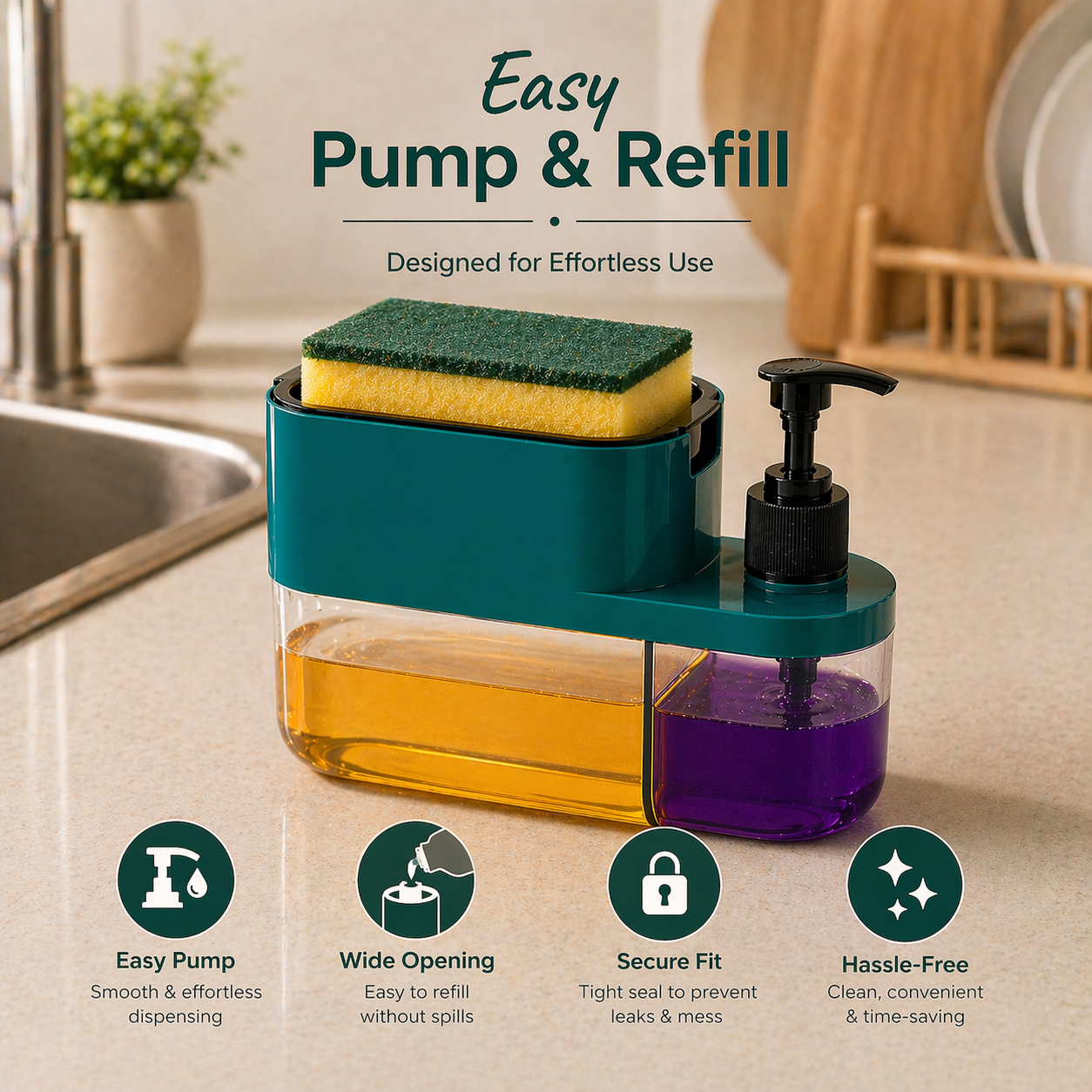 3-in-1 Dish Soap Pump Dispenser with Sponge Holder