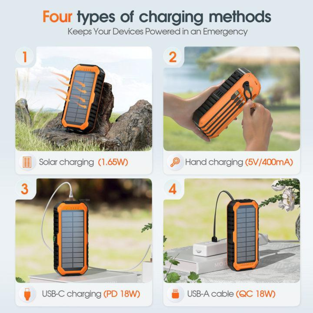 Solar Charger Power Bank 20000mAh Built in 4 Cables and Hand Crank