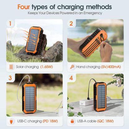 Solar Charger Power Bank 20000mAh Built in 4 Cables and Hand Crank