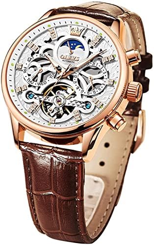 OLEVS Men Skeleton Watch Automatic Mechanical Dress Casual Brown Black Leather Moon Phase Luminous Waterproof Wrist Watches|B09M89HHBT