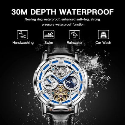 OLEVS Skeleton Watches for Mens Automatic Mechanical Self Winding Tourbillon Leather Strap Luxury Dress Moon Phase Wrist Watches Waterproof Luminous|B0GXP8QS4V