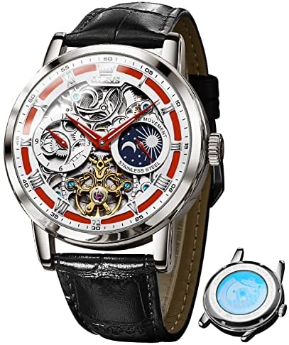 OLEVS Skeleton Watches for Mens Automatic Mechanical Self Winding Tourbillon Leather Strap Luxury Dress Moon Phase Wrist Watches Waterproof Luminous|B0GXP8QS4V