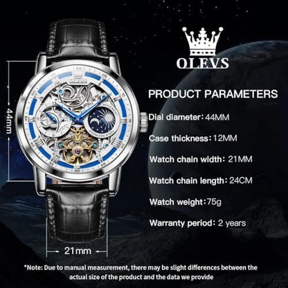 OLEVS Skeleton Watches for Mens Automatic Mechanical Self Winding Tourbillon Leather Strap Luxury Dress Moon Phase Wrist Watches Waterproof Luminous|B0GXP8QS4V
