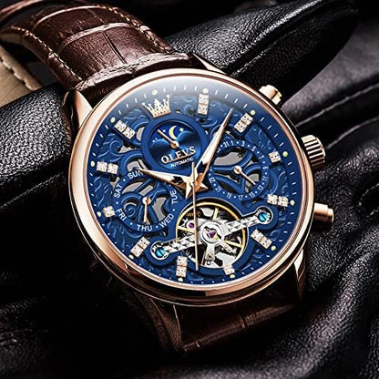OLEVS Men Skeleton Watch Automatic Mechanical Dress Casual Brown Black Leather Moon Phase Luminous Waterproof Wrist Watches|B09M89HHBT