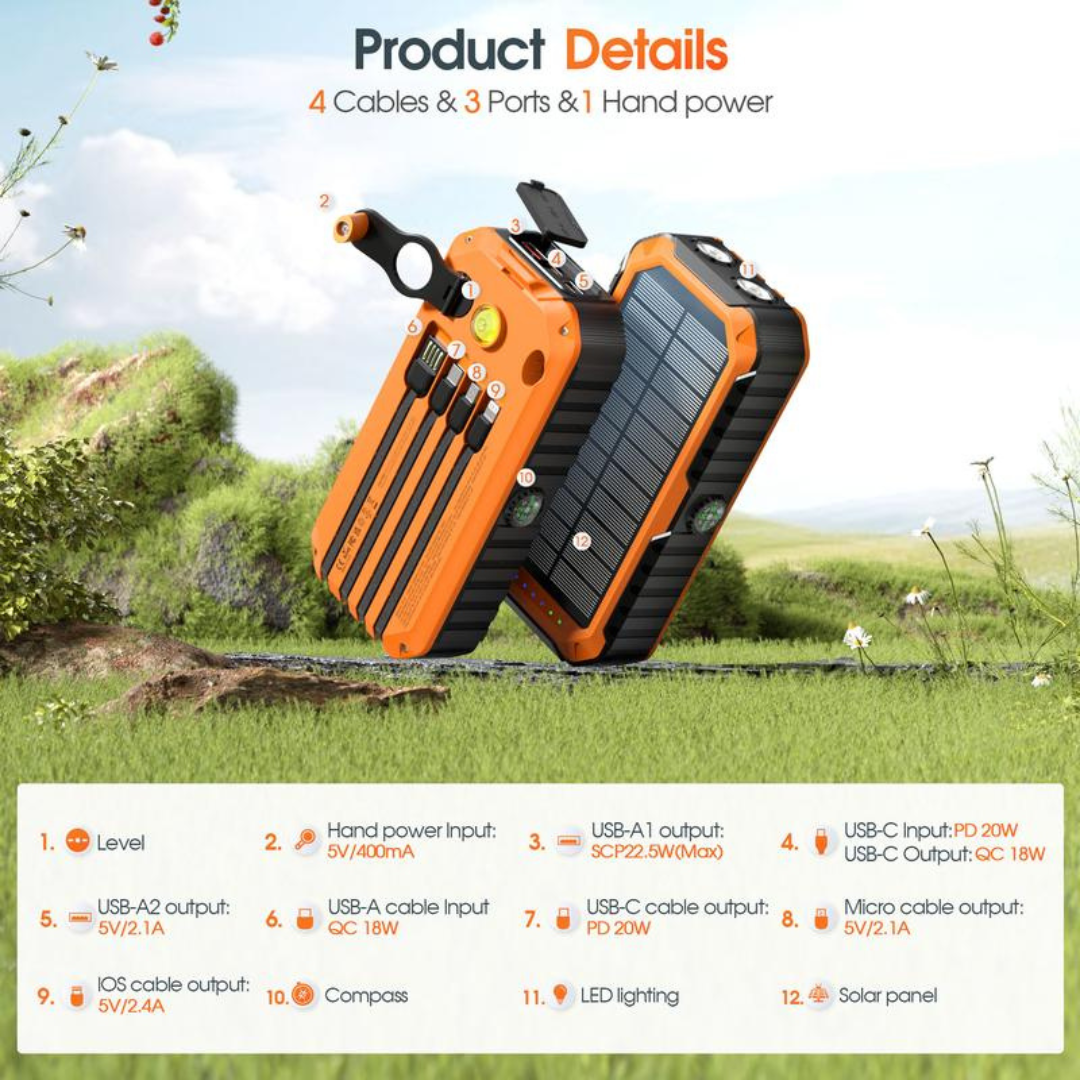 Solar Charger Power Bank 20000mAh Built in 4 Cables and Hand Crank