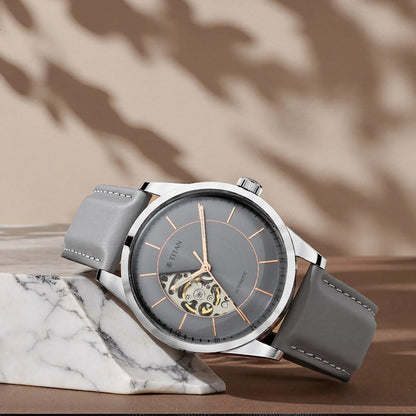 Titan Automatic Sectoral Grey Dial Grey Leather Strap Watch for Men - image number 0