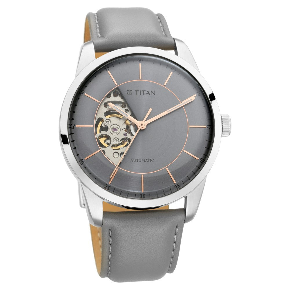 Titan Automatic Sectoral Grey Dial Grey Leather Strap Watch for Men - image number 1