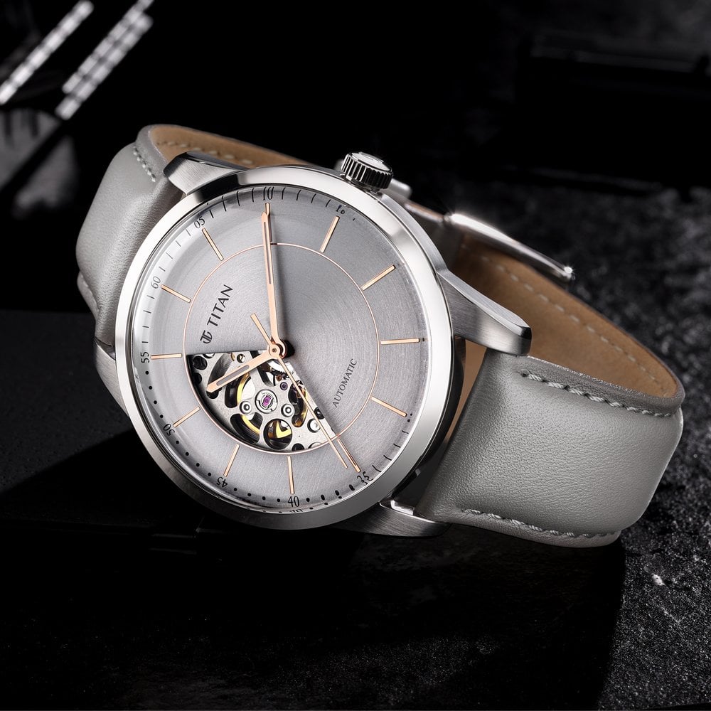 Titan Automatic Sectoral Grey Dial Grey Leather Strap Watch for Men - image number 3