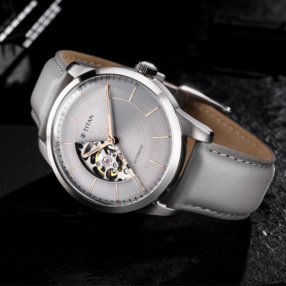 Titan Automatic Sectoral Grey Dial Grey Leather Strap Watch for Men - image number 3