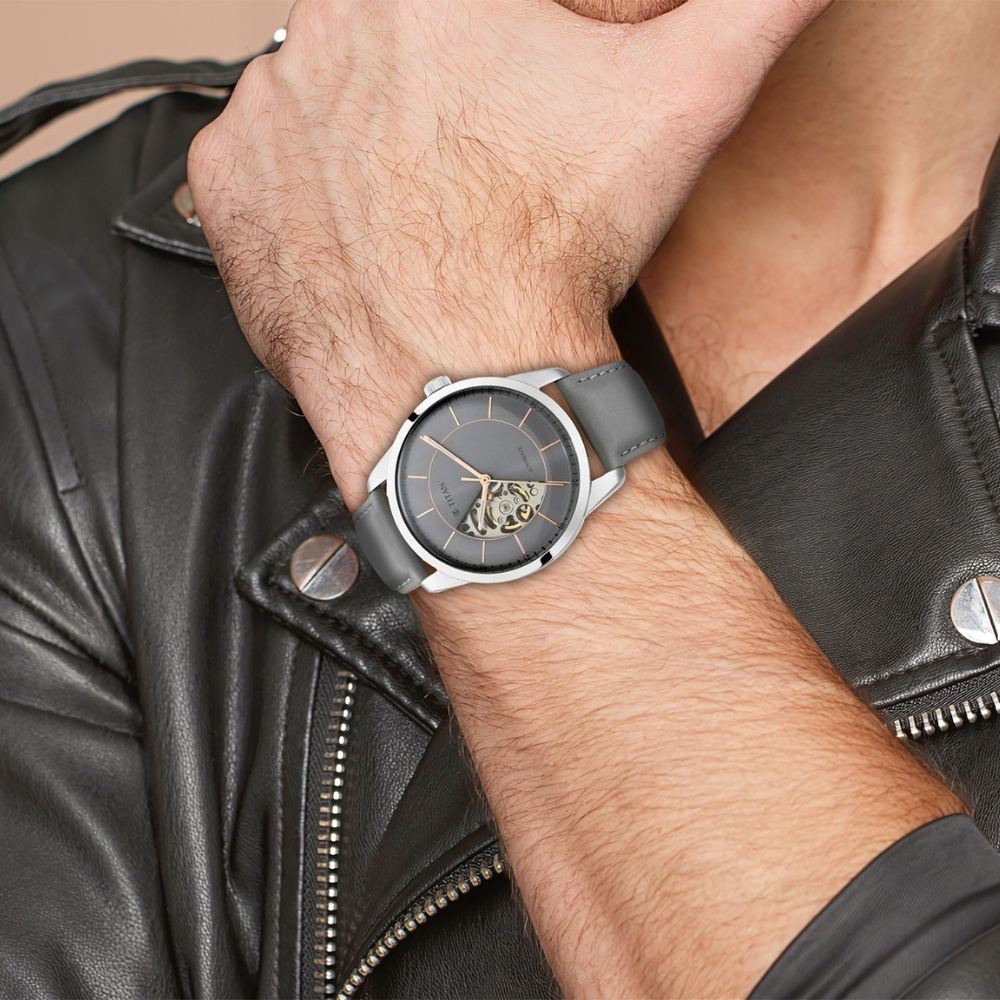 Titan Automatic Sectoral Grey Dial Grey Leather Strap Watch for Men - image number 7