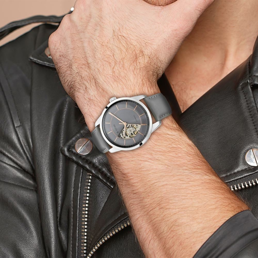 Titan Automatic Sectoral Grey Dial Grey Leather Strap Watch for Men - image number 8