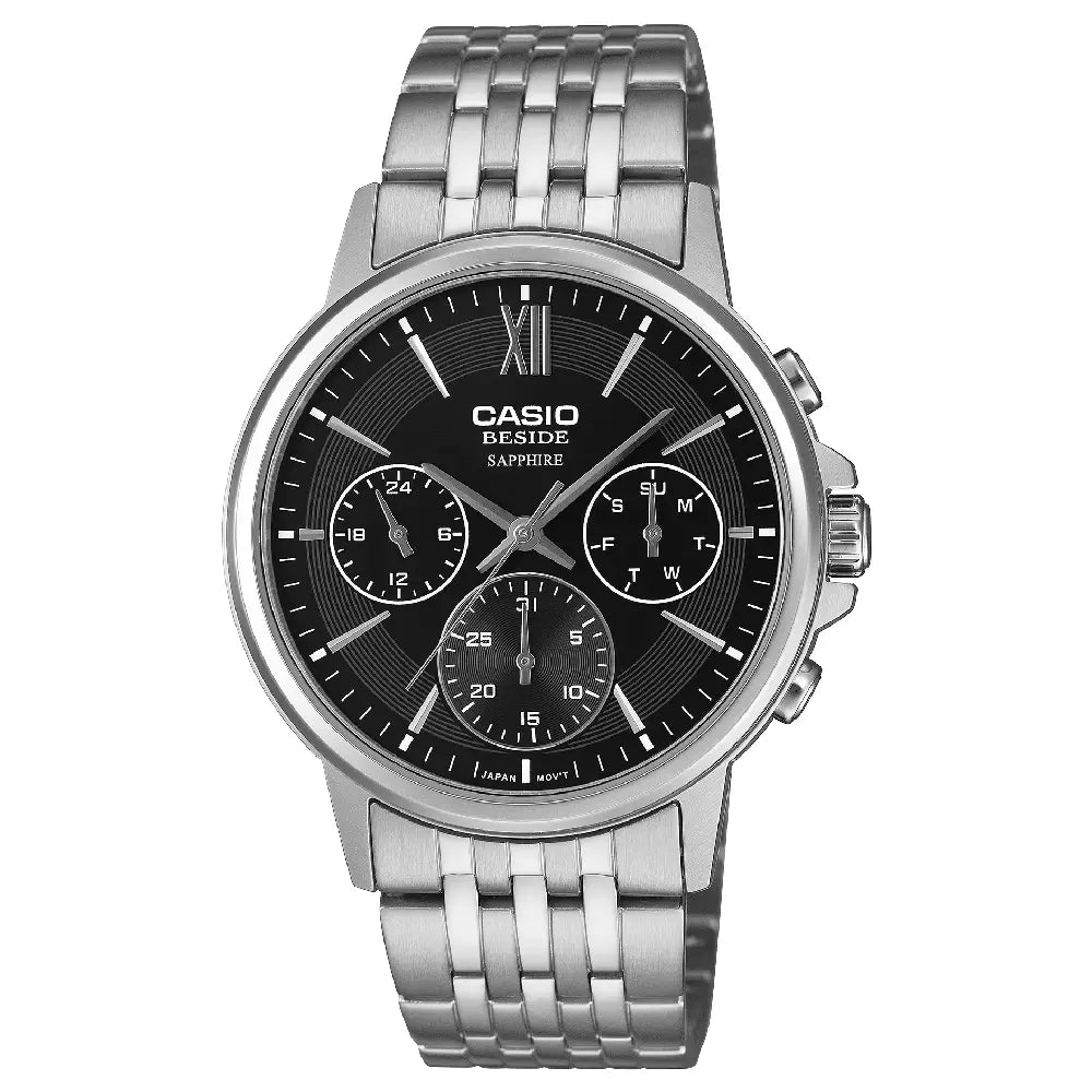 Casio Beside BMS-300D-1A men’s watch black dial stainless steel sapphire multi-hand design