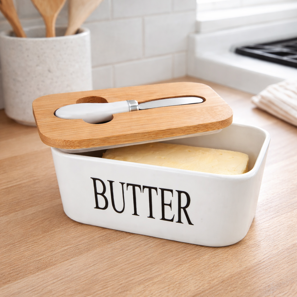 Ceramic Butter Keeper with Wooden Lid & Steel Knife