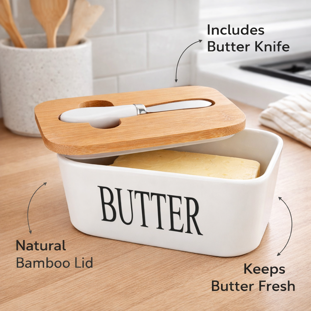 Ceramic Butter Keeper with Wooden Lid & Steel Knife
