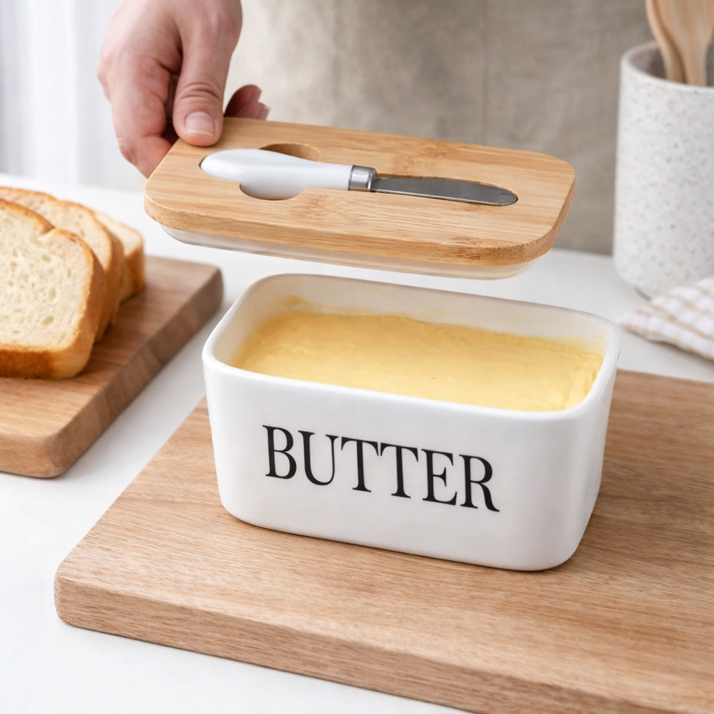 Ceramic Butter Keeper with Wooden Lid & Steel Knife