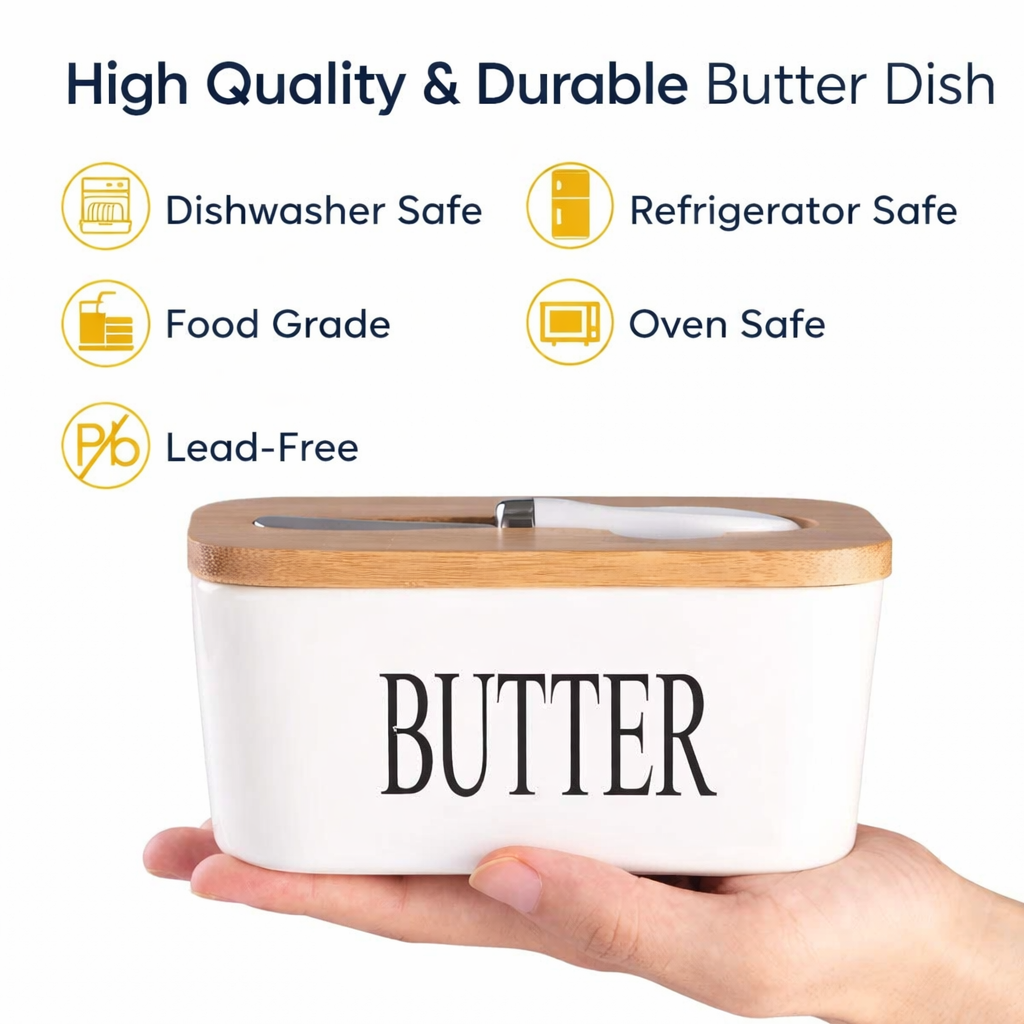 Ceramic Butter Keeper with Wooden Lid & Steel Knife