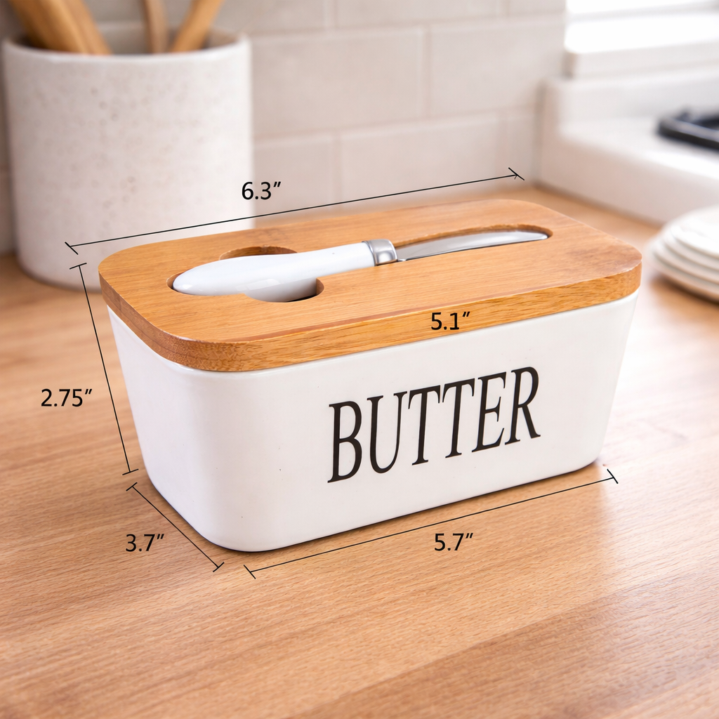 Ceramic Butter Keeper with Wooden Lid & Steel Knife